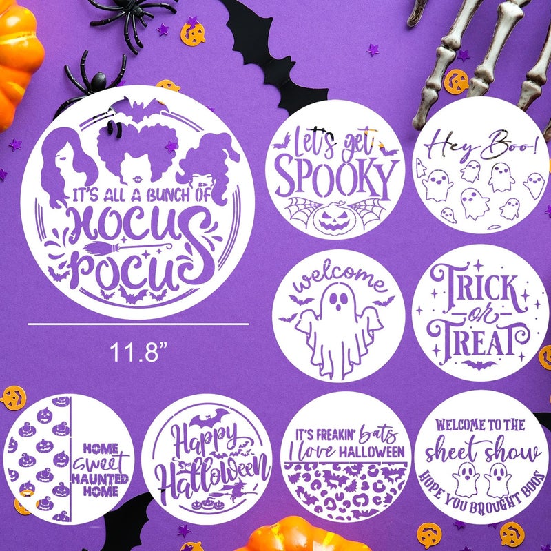 zosylley Halloween Stencils for Painting on Wood 12  Round Halloween Stencil Hey Boo Trick or Treat Hocus Pocus Templates for Door Hanger Porch Sign Shirt Painting - Image 2